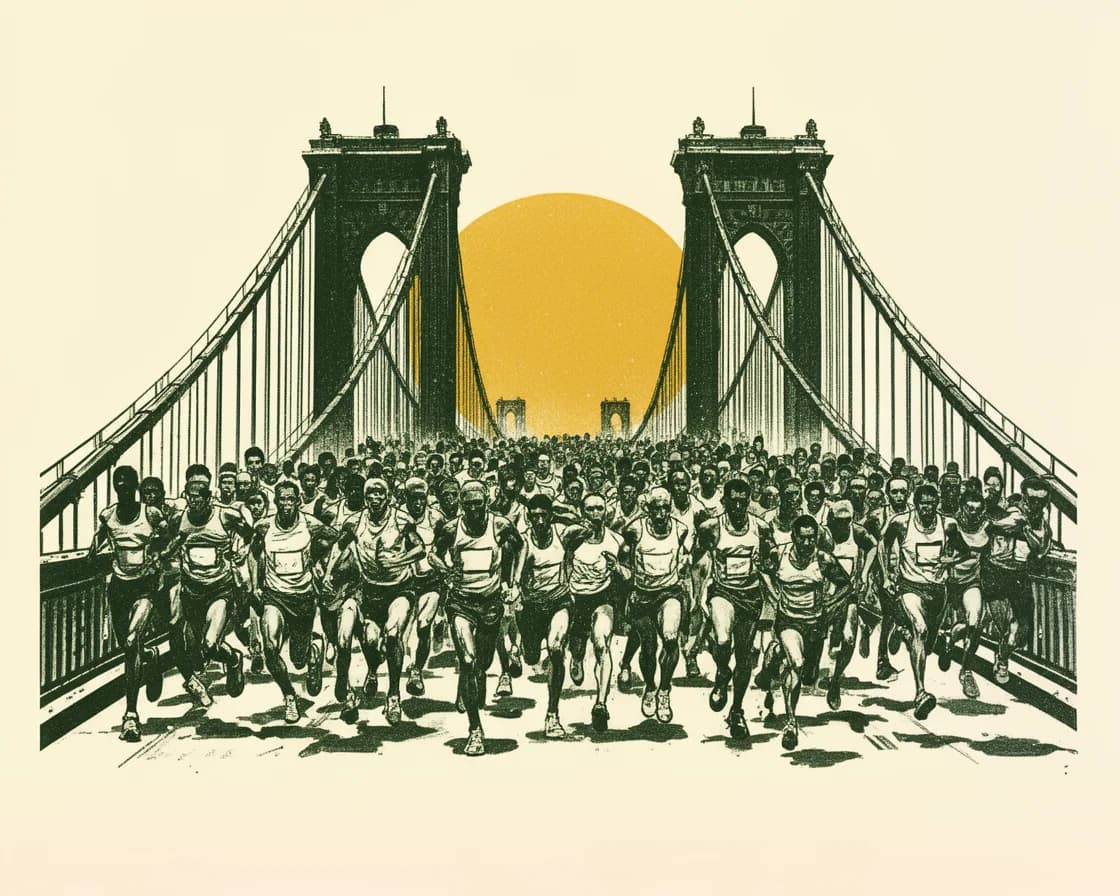 Running illustration in The Ticket Lottery poster style