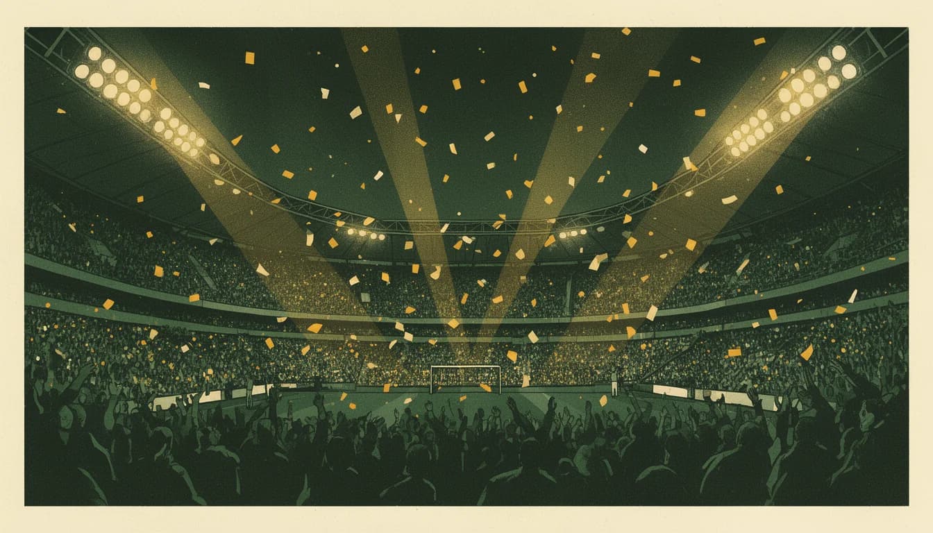 Packed stadium at night under floodlights with golden confetti